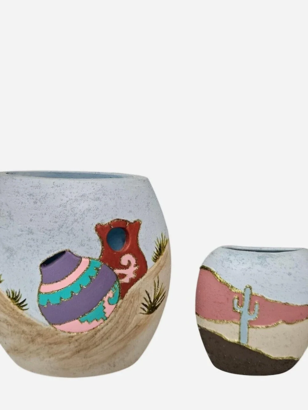 Handmade ceramic vase set with desert scene featuring cactus and sand dunes